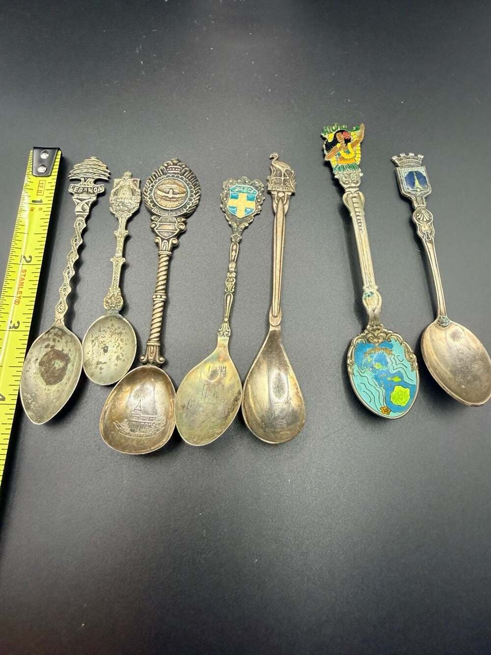 Vintage Souvenir Collector Spoons Set of 7 - Lebanon, Budapest, Greece, Florida,
